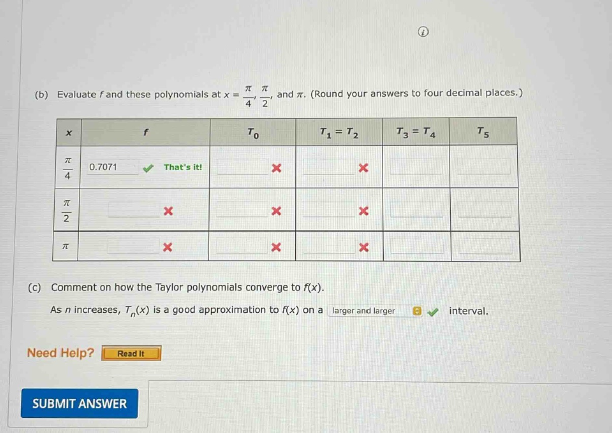 (b) evaluate f and these polynomials at x = π/4, π/2, and π. (round your answers to four decimal places.) (c) comment on how the taylor polynomials converge to f(x). as n increases, t_n(x) is a good approximation to f(x) on a larger and larger interval. need help? read it submit answer