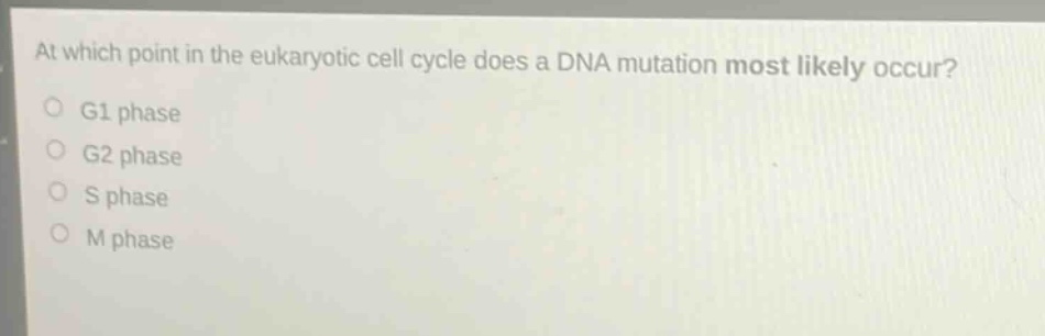 at which point in the eukaryotic cell cycle does a dna mutation most likely occur?\ng1 phase\ng2 phase\ns phase\nm phase