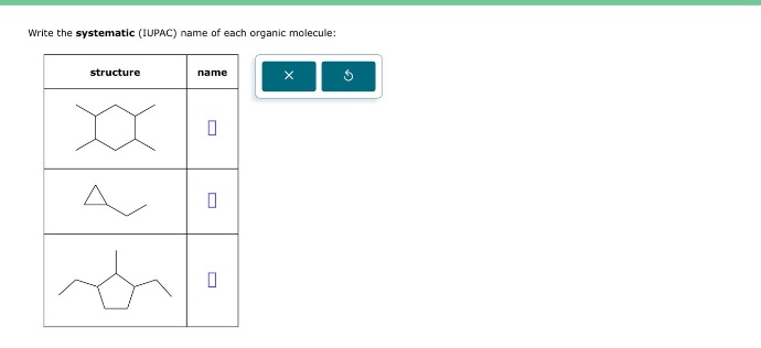 write the systematic (iupac) name of each organic molecule: structure name