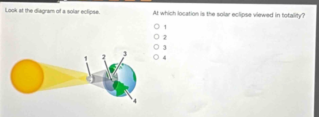 look at the diagram of a solar eclipse. at which location is the solar eclipse viewed in totality? o 1 o 2 o 3 o 4