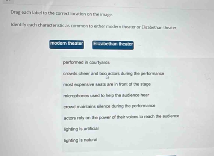 drag each label to the correct location on the image. identify each characteristic as common to either modern theater or elizabethan theater. modern theater elizabethan theater performed in courtyards crowds cheer and boo actors during the performance most expensive seats are in front of the stage microphones used to help the audience hear crowd maintains silence during the performance actors rely on the power of their voices to reach the audience lighting is artificial lighting is natural