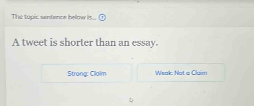 the topic sentence below is... a tweet is shorter than an essay. strong: claim weak: not a claim