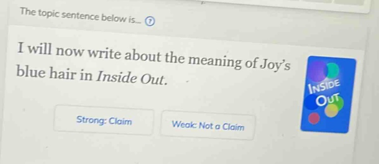 the topic sentence below is... i will now write about the meaning of joy’s blue hair in inside out. strong: claim weak: not a claim