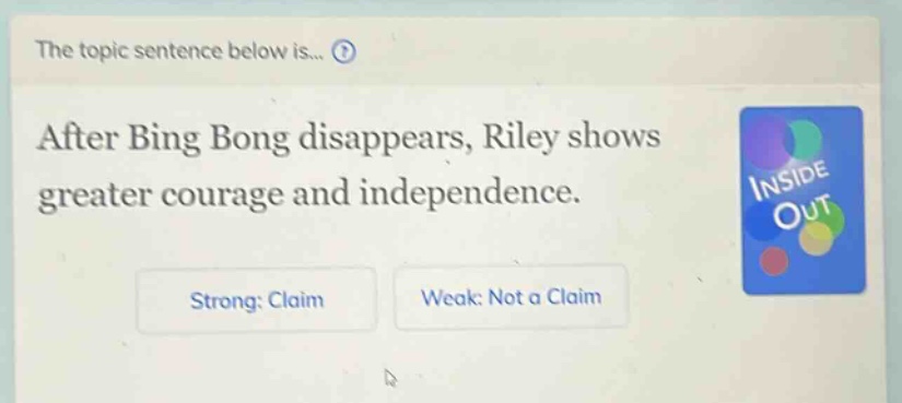 the topic sentence below is... after bing bong disappears, riley shows greater courage and independence. strong: claim weak: not a claim
