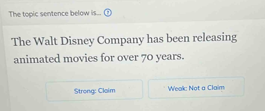 the topic sentence below is... the walt disney company has been releasing animated movies for over 70 years. strong: claim weak: not a claim