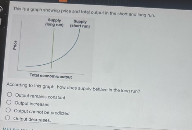 this is a graph showing price and total output in the short and long run. according to this graph, how does supply behave in the long run? output remains constant. output increases. output cannot be predicted. output decreases.