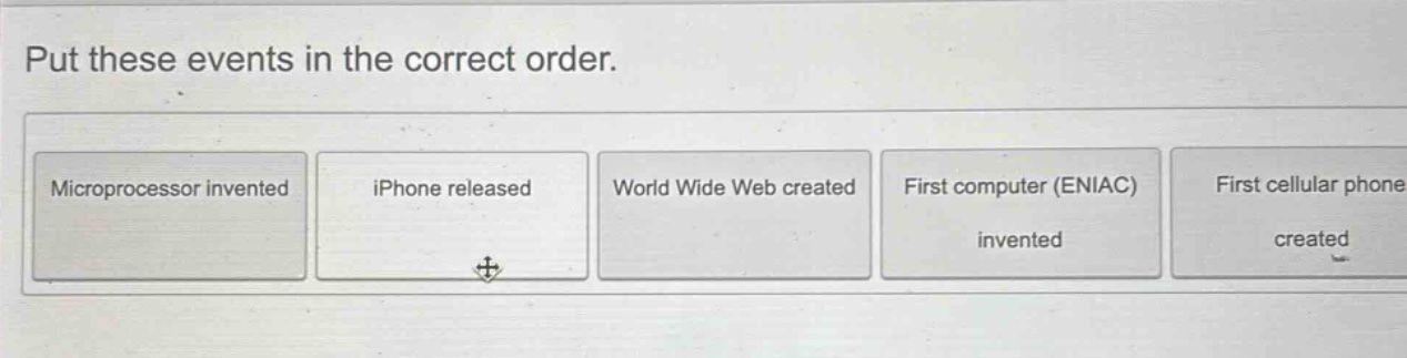 put these events in the correct order. microprocessor invented iphone released world wide web created first computer (eniac) invented first cellular phone created