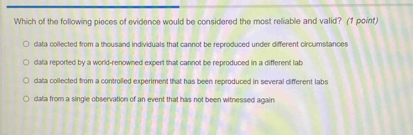 which of the following pieces of evidence would be considered the most reliable and valid? (1 point)\no data collected from a thousand individuals that cannot be reproduced under different circumstances\no data reported by a world - renowned expert that cannot be reproduced in a different lab\no data collected from a controlled experiment that has been reproduced in several different labs\no data from a single observation of an event that has not been witnessed again