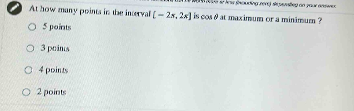 at how many points in the interval -2π, 2π is cos θ at maximum or a minimum? 5 points 3 points 4 points 2 points