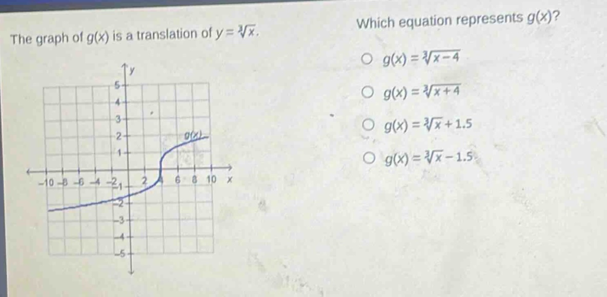 the graph of g(x) is a translation of y = ∛x. which equation represents g(x)? o g(x)=∛(x - 4) o g(x)=∛(x + 4) o g(x)=∛x+1.5 o g(x)=∛x - 1.5