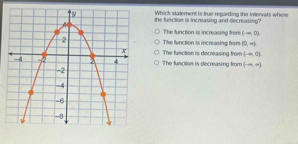 which statement is true regarding the intervals where the function is increasing and decreasing? the function is increasing from (-∞, 0). the function is increasing from (0, ∞). the function is decreasing from (-∞, 0). the function is decreasing from (-∞, ∞).