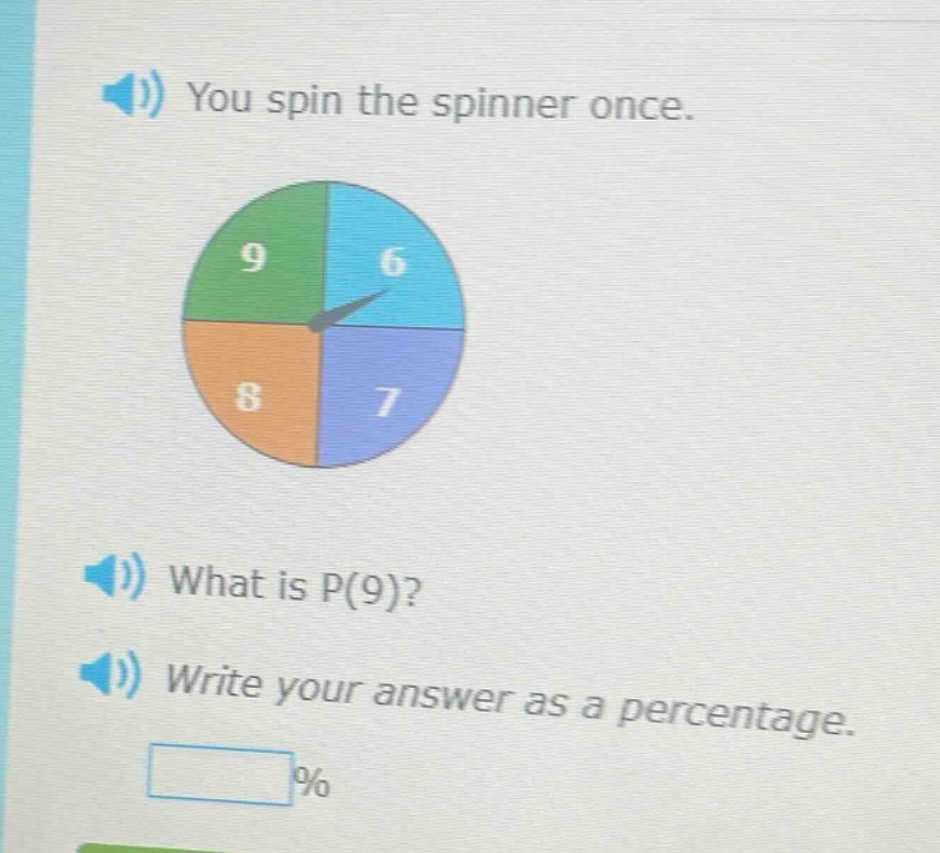 you spin the spinner once. what is p(9)? write your answer as a percentage. %