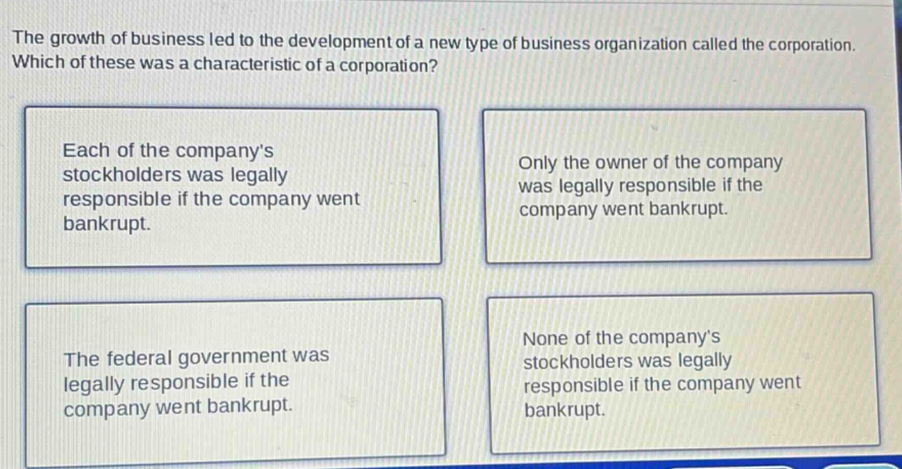 the growth of business led to the development of a new type of business organization called the corporation. which of these was a characteristic of a corporation? each of the companys stockholders was legally responsible if the company went bankrupt. only the owner of the company was legally responsible if the company went bankrupt. the federal government was legally responsible if the company went bankrupt. none of the companys stockholders was legally responsible if the company went bankrupt.