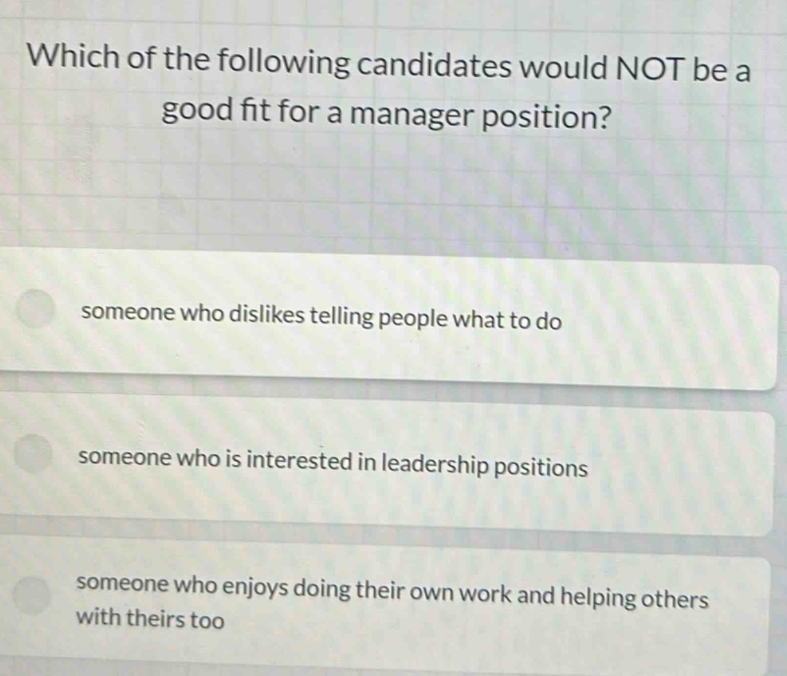 which of the following candidates would not be a good fit for a manager position? someone who dislikes telling people what to do someone who is interested in leadership positions someone who enjoys doing their own work and helping others with theirs too