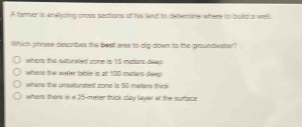 a farmer is analyzing cross - sections of his land to determine where to build a well. which phrase describes the best area to dig down to the groundwater? where the saturated zone is 15 meters deep where the water table is at 100 meters deep where the unsaturated zone is 50 meters thick where there is a 25 - meter thick clay layer at the surface