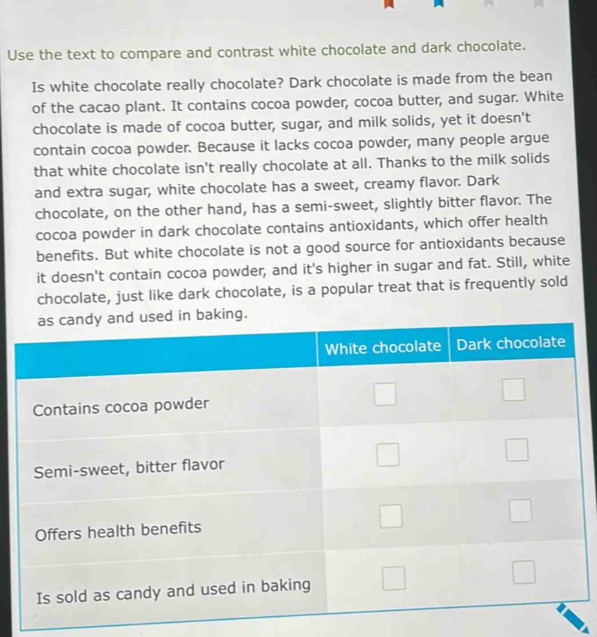 use the text to compare and contrast white chocolate and dark chocolate. is white chocolate really chocolate? dark chocolate is made from the bean of the cacao plant. it contains cocoa powder, cocoa butter, and sugar. white chocolate is made of cocoa butter, sugar, and milk solids, yet it doesnt contain cocoa powder. because it lacks cocoa powder, many people argue that white chocolate isnt really chocolate at all. thanks to the milk solids and extra sugar, white chocolate has a sweet, creamy flavor. dark chocolate, on the other hand, has a semi - sweet, slightly bitter flavor. the cocoa powder in dark chocolate contains antioxidants, which offer health benefits. but white chocolate is not a good source for antioxidants because it doesnt contain cocoa powder, and its higher in sugar and fat. still, white chocolate, just like dark chocolate, is a popular treat that is frequently sold as candy and used in baking.