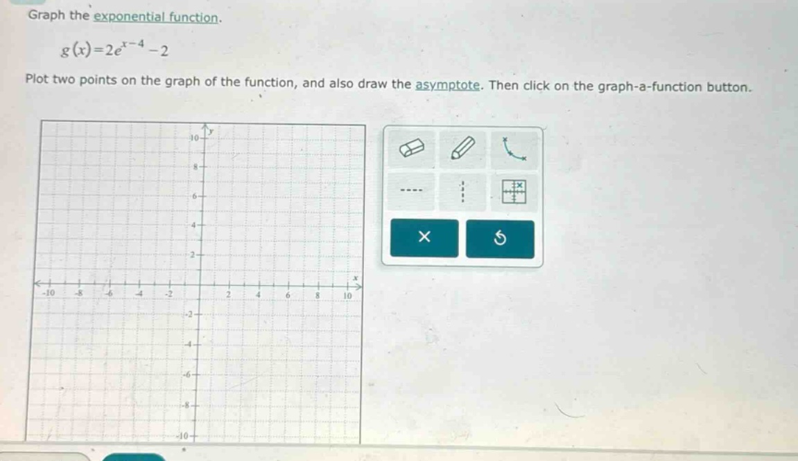 graph the exponential function. g(x)=2e^x - 4 - 2 plot two points on the graph of the function, and also draw the asymptote. then click on the graph - a - function button.