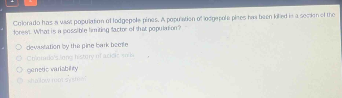 colorado has a vast population of lodgepole pines. a population of lodgepole pines has been killed in a section of the forest. what is a possible limiting factor of that population?\no devastation by the pine bark beetle\no colorados long history of acidic soils\no genetic variability\no shallow root system