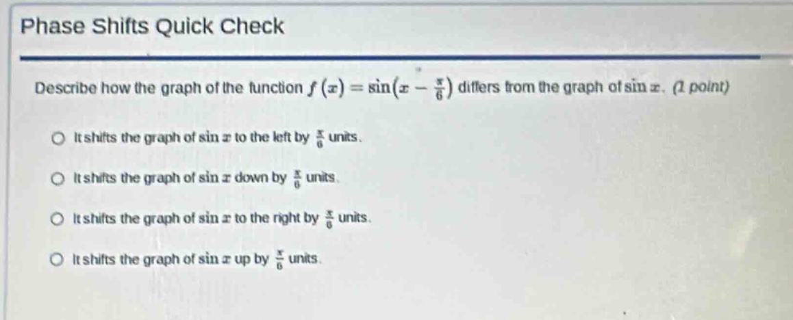 phase shifts quick check\ndescribe how the graph of the function f(x)=sin(x - π/6) differs from the graph of sin x. (1 point)\nit shifts the graph of sin x to the left by π/6 units.\nit shifts the graph of sin x down by π/6 units.\nit shifts the graph of sin x to the right by π/6 units.\nit shifts the graph of sin x up by π/6 units.