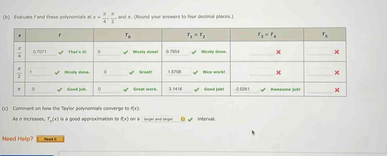 (b) evaluate f and these polynomials at x = π/4, π/2, and π. (round your answers to four decimal places.) (c) comment on how the taylor polynomials converge to f(x). as n increases, t_n(x) is a good approximation to f(x) on a larger and larger interval. need help? read it