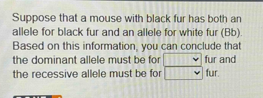 suppose that a mouse with black fur has both an allele for black fur and an allele for white fur (bb). based on this information, you can conclude that the dominant allele must be for fur and the recessive allele must be for fur.