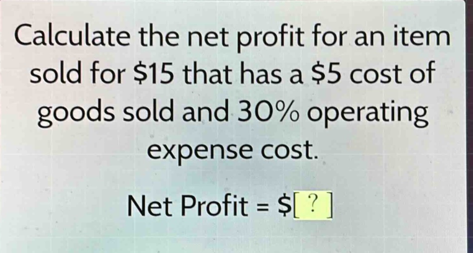 calculate the net profit for an item sold for $15 that has a $5 cost of goods sold and 30% operating expense cost. net profit = $?