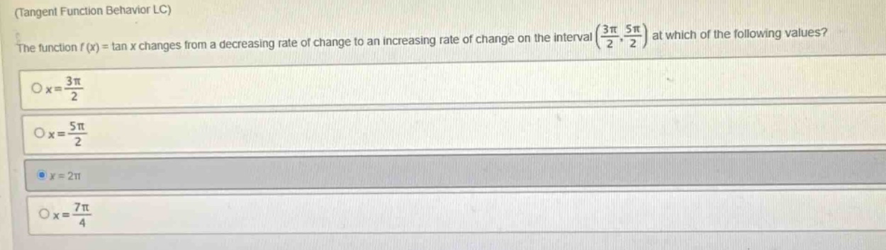 (tangent function behavior lc) the function f(x) = tan x changes from a decreasing rate of change to an increasing rate of change on the interval (3π/2, 5π/2) at which of the following values? o x = 3π/2 o x = 5π/2 x = 2π o x = 7π/4