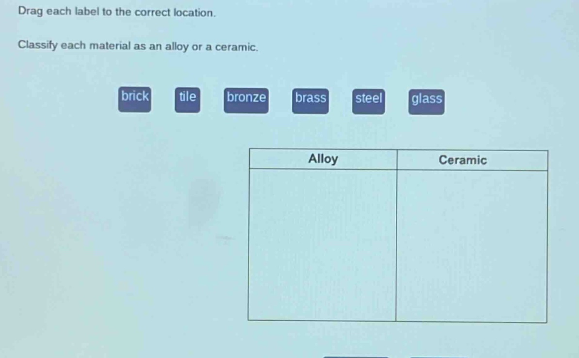 drag each label to the correct location. classify each material as an alloy or a ceramic. brick tile bronze brass steel glass alloy ceramic