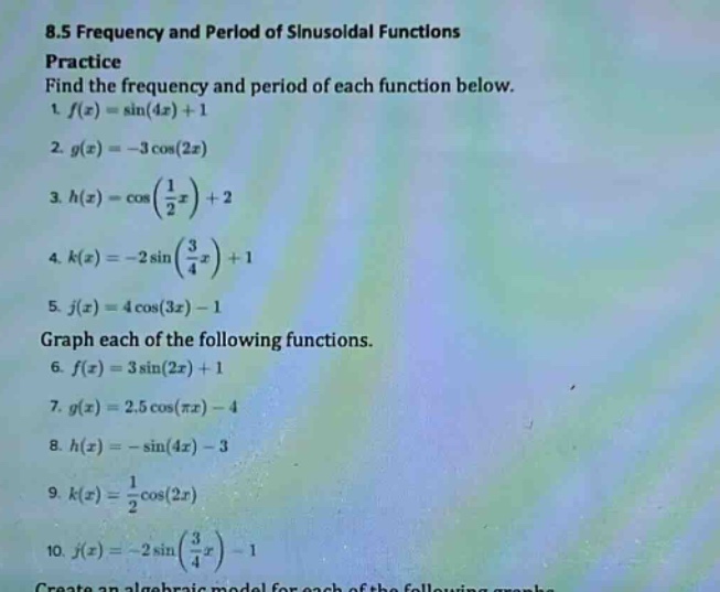 8.5 frequency and period of sinusoidal functions practice find the frequency and period of each function below. 1. f(x)=sin(4x)+1 2. g(x)= - 3cos(2x) 3. h(x)=cos(1/2x)+2 4. k(x)= - 2sin(3/4x)+1 5. j(x)=4cos(3x)-1 graph each of the following functions. 6. f(x)=3sin(2x)+1 7. g(x)=2.5cos(πx)-4 8. h(x)= - sin(4x)-3 9. k(x)=1/2cos(2x) 10. j(x)= - 2sin(3/4x)-1
