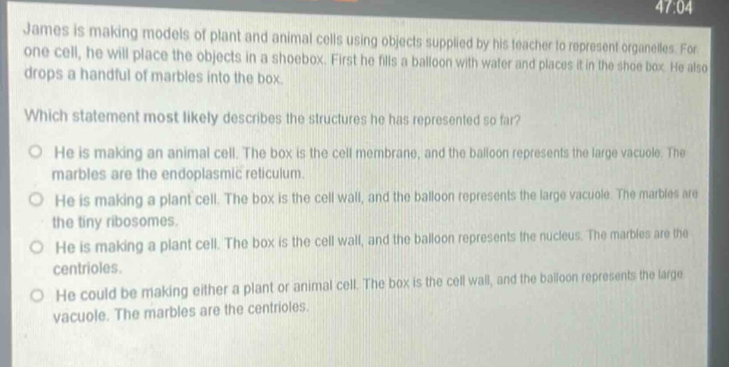 james is making models of plant and animal cells using objects supplied by his teacher to represent organelles. for one cell, he will place the objects in a shoebox. first he fills a balloon with water and places it in the shoe box. he also drops a handful of marbles into the box. which statement most likely describes the structures he has represented so far? he is making an animal cell. the box is the cell membrane, and the balloon represents the large vacuole. the marbles are the endoplasmic reticulum. he is making a plant cell. the box is the cell wall, and the balloon represents the large vacuole. the marbles are the tiny ribosomes. he is making a plant cell. the box is the cell wall, and the balloon represents the nucleus. the marbles are the centrioles. he could be making either a plant or animal cell. the box is the cell wall, and the balloon represents the large vacuole. the marbles are the centrioles.