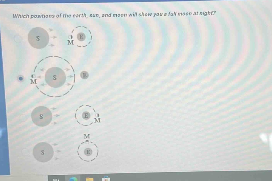 which positions of the earth, sun, and moon will show you a full moon at night?