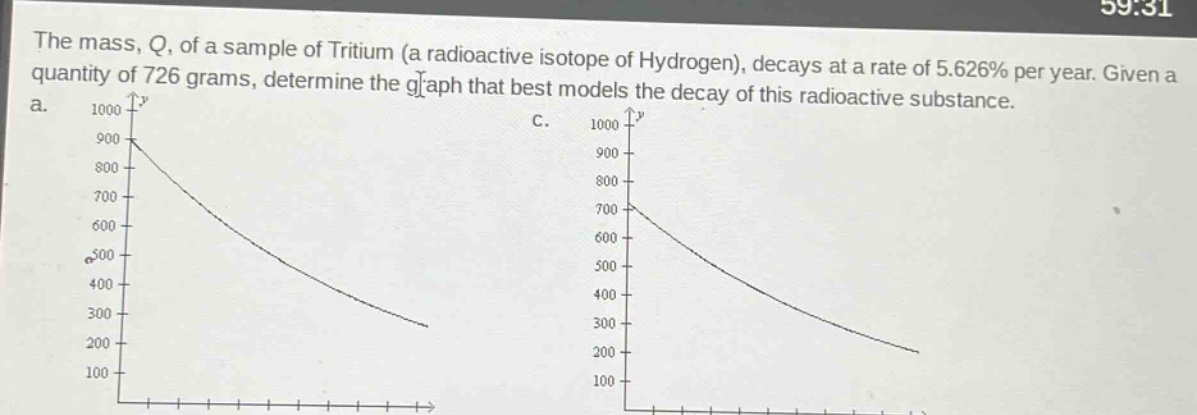 the mass, q, of a sample of tritium (a radioactive isotope of hydrogen), decays at a rate of 5.626% per year. given a quantity of 726 grams, determine the graph that best models the decay of this radioactive substance.