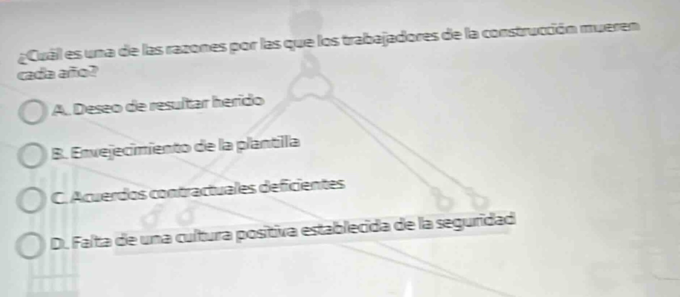 ¿cuál es una de las razones por las que los trabajadores de la construcción mueren cada año? a. deseo de resultar herido b. envejecimiento de la plantilla c. acuerdos contractuales deficientes d. falta de una cultura positiva establecida de la seguridad