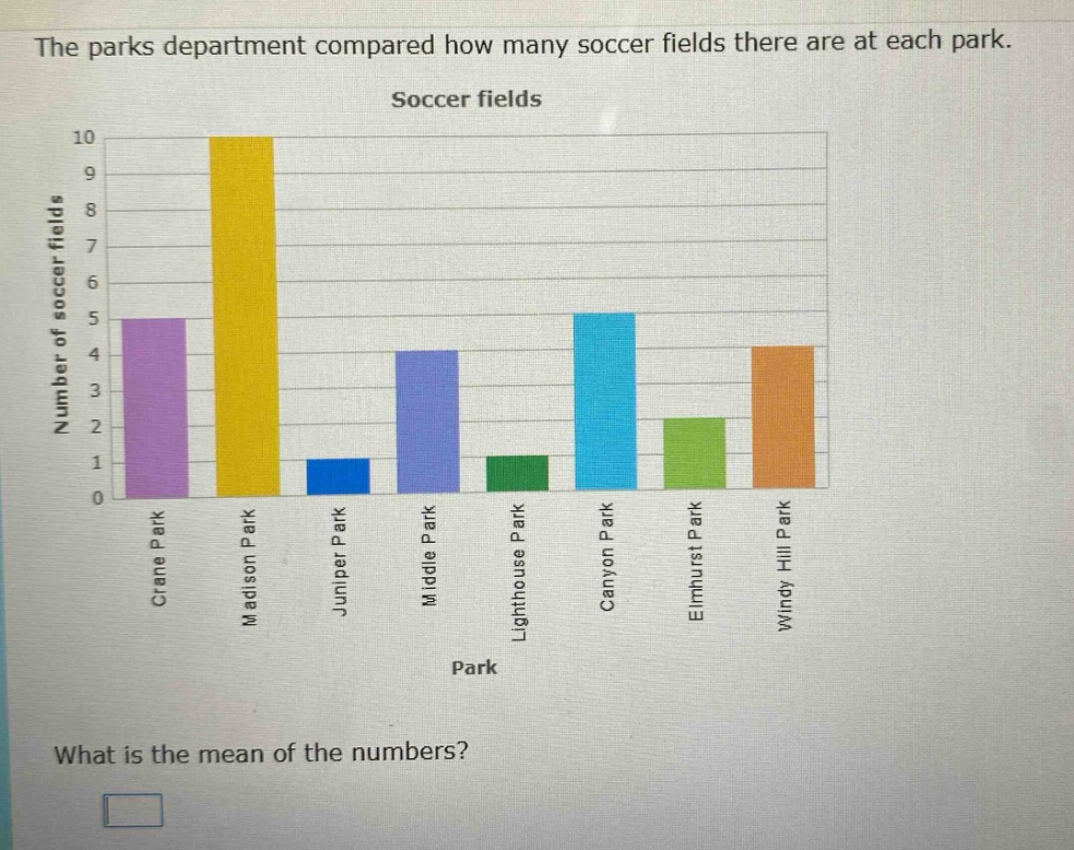 the parks department compared how many soccer fields there are at each park. soccer fields what is the mean of the numbers?