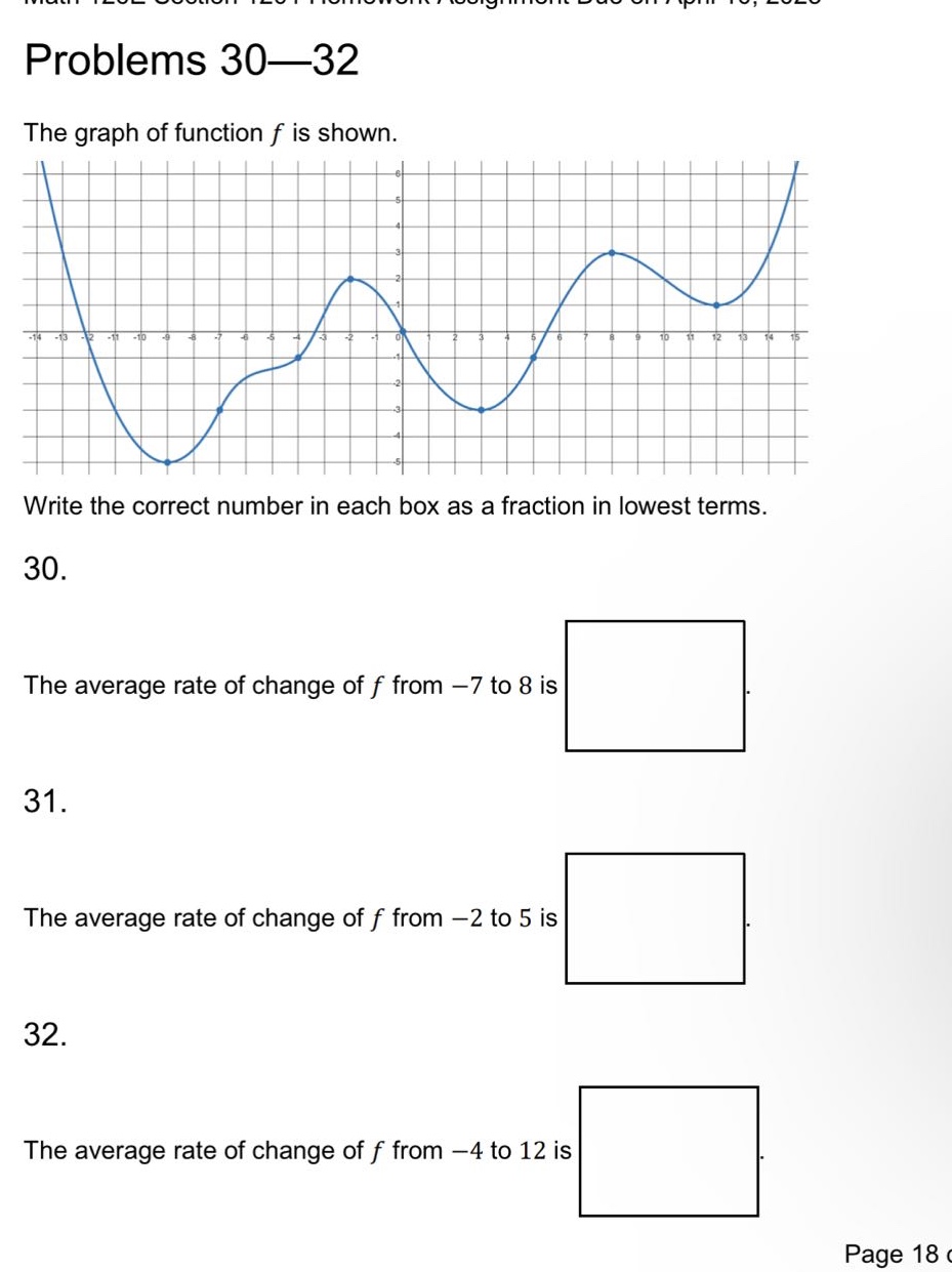 problems 30—32 the graph of function f is shown. write the correct number in each box as a fraction in lowest terms. 30. the average rate of change of f from -7 to 8 is. 31. the average rate of change of f from -2 to 5 is. 32. the average rate of change of f from -4 to 12 is.