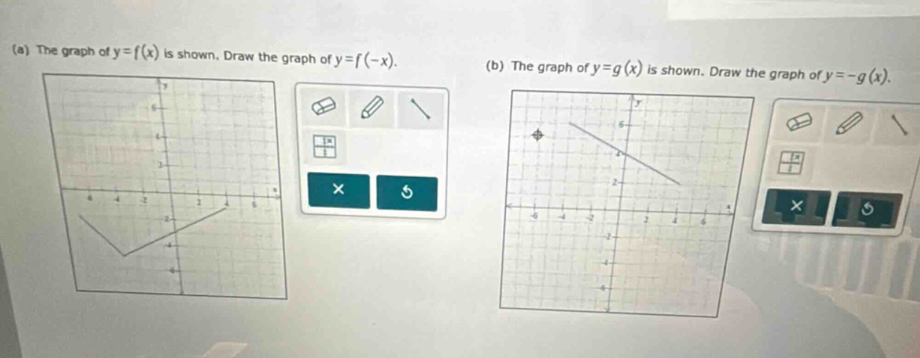 (a) the graph of y = f(x) is shown. draw the graph of y = f(-x). (b) the graph of y = g(x) is shown. draw the graph of y = -g(x).