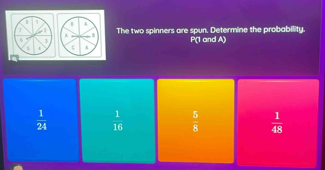 the two spinners are spun. determine the probability. p(1 and a)