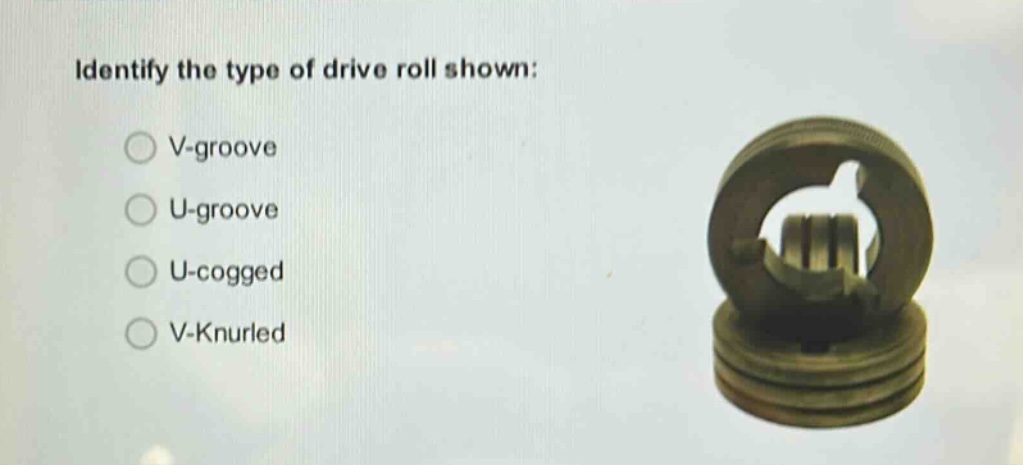 identify the type of drive roll shown: v - groove u - groove u - cogged v - knurled
