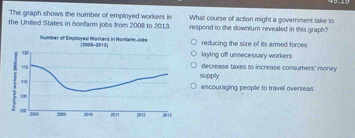 the graph shows the number of employed workers in the united states in nonfarm jobs from 2008 to 2013. what course of action might a government take to respond to the downturn revealed in this graph? reducing the size of its armed forces laying off unnecessary workers decrease taxes to increase consumers money supply encouraging people to travel overseas