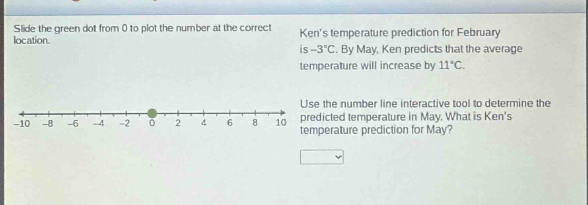 slide the green dot from 0 to plot the number at the correct location. kens temperature prediction for february is -3°c. by may, ken predicts that the average temperature will increase by 11°c. use the number line interactive tool to determine the predicted temperature in may. what is kens temperature prediction for may?