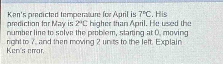 kens predicted temperature for april is 7°c. his prediction for may is 2°c higher than april. he used the number line to solve the problem, starting at 0, moving right to 7, and then moving 2 units to the left. explain kens error.