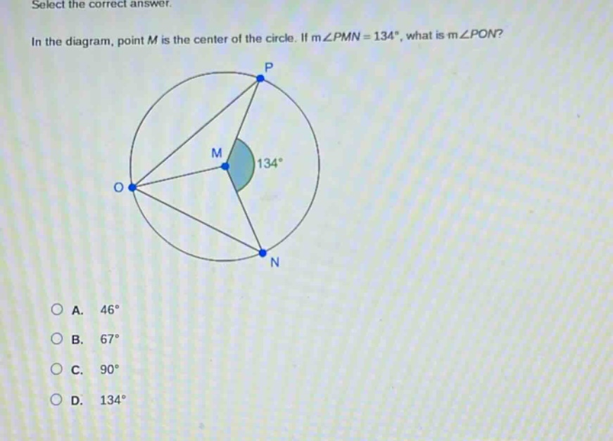 select the correct answer. in the diagram, point m is the center of the circle. if m∠pmn = 134°, what is m∠pon? a. 46° b. 67° c. 90° d. 134°
