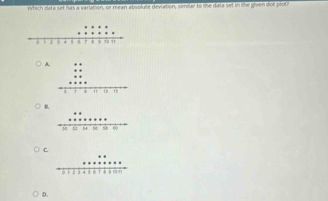 which data set has a variation, or mean absolute deviation, similar to the data set in the given dot plot?