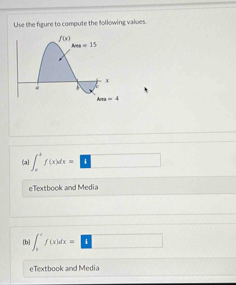 use the figure to compute the following values.\n(a) ∫a to b f(x)dx =\n(b) ∫b to c f(x)dx =