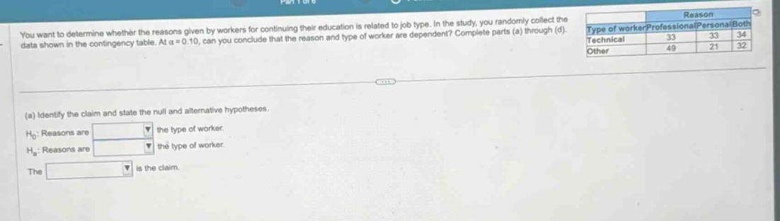 you want to determine whether the reasons given by workers for continuing their education is related to job type. in the study, you randomly collect the data shown in the contingency table. at α = 0.10, can you conclude that the reason and type of worker are dependent? complete parts (a) through (d). (a) identify the claim and state the null and alternative hypotheses. h0: reasons are the type of worker. ha: reasons are the type of worker. the is the claim.