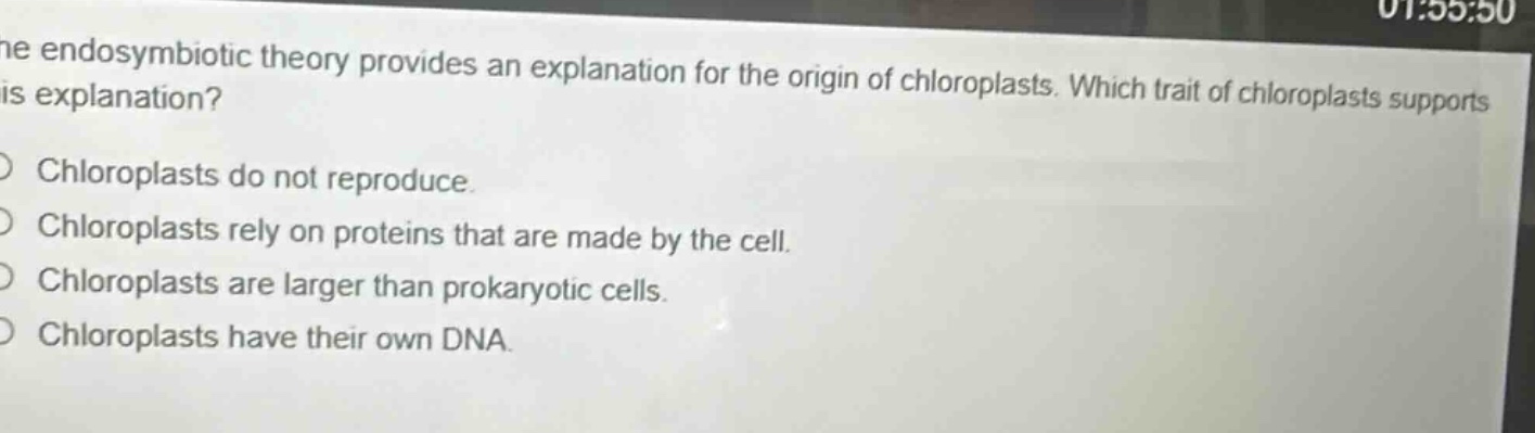 the endosymbiotic theory provides an explanation for the origin of chloroplasts. which trait of chloroplasts supports this explanation? chloroplasts do not reproduce. chloroplasts rely on proteins that are made by the cell. chloroplasts are larger than prokaryotic cells. chloroplasts have their own dna.
