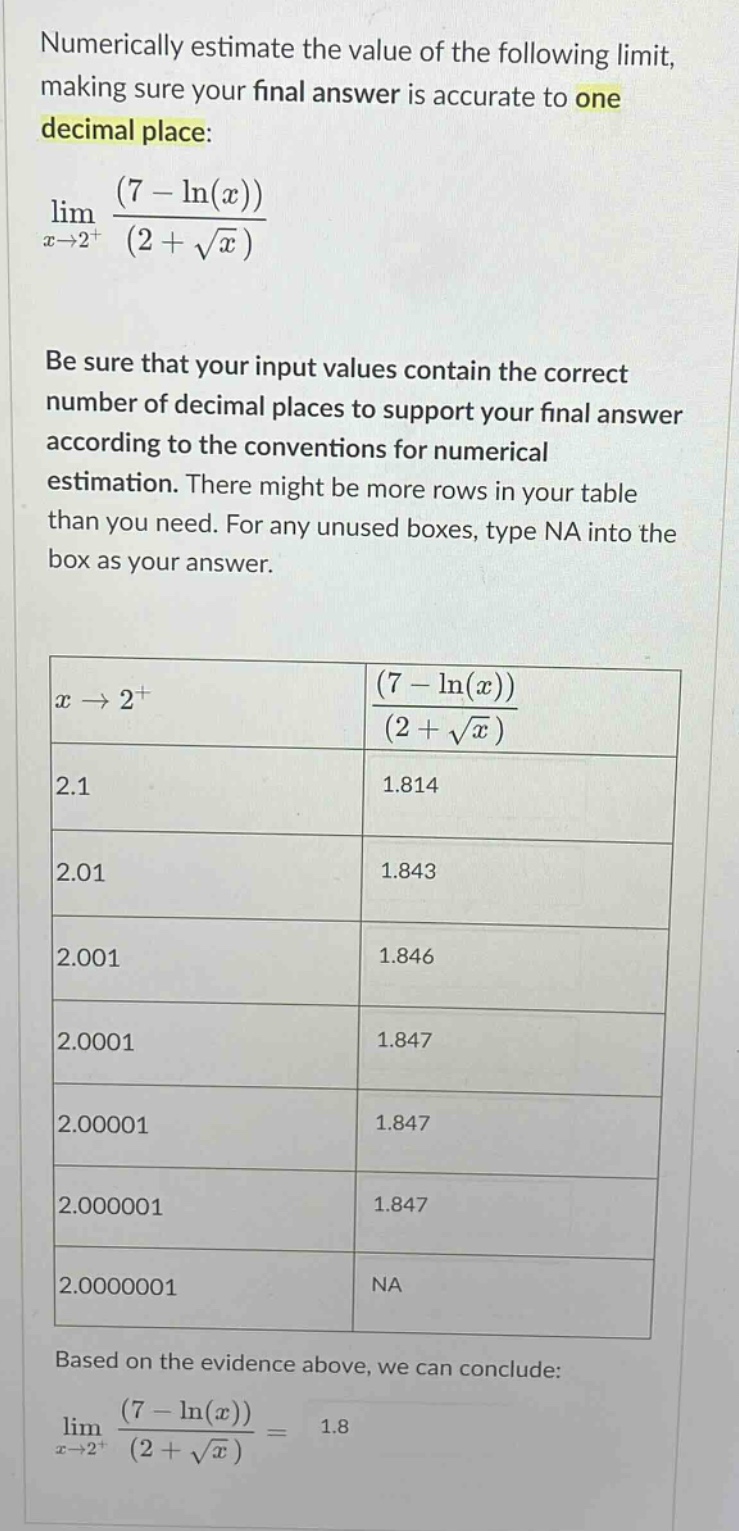 numerically estimate the value of the following limit, making sure your final answer is accurate to one decimal place: lim(x→2⁺) (7 - ln(x))/(2 + √x) be sure that your input values contain the correct number of decimal places to support your final answer according to the conventions for numerical estimation. there might be more rows in your table than you need. for any unused boxes, type na into the box as your answer. x → 2⁺ (7 - ln(x))/(2 + √x) 2.1 1.814 2.01 1.843 2.001 1.846 2.0001 1.847 2.00001 1.847 2.000001 1.847 2.0000001 na based on the evidence above, we can conclude: lim(x→2⁺) (7 - ln(x))/(2 + √x) = 1.8