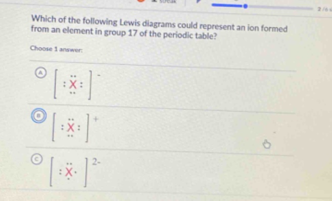 which of the following lewis diagrams could represent an ion formed from an element in group 17 of the periodic table? choose 1 answer: a :x: - b :x: + c :x: 2-