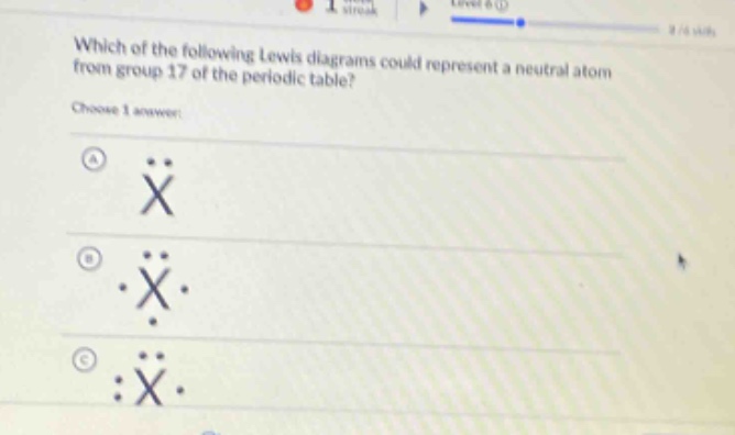 which of the following lewis diagrams could represent a neutral atom from group 17 of the periodic table? choose 1 answer: