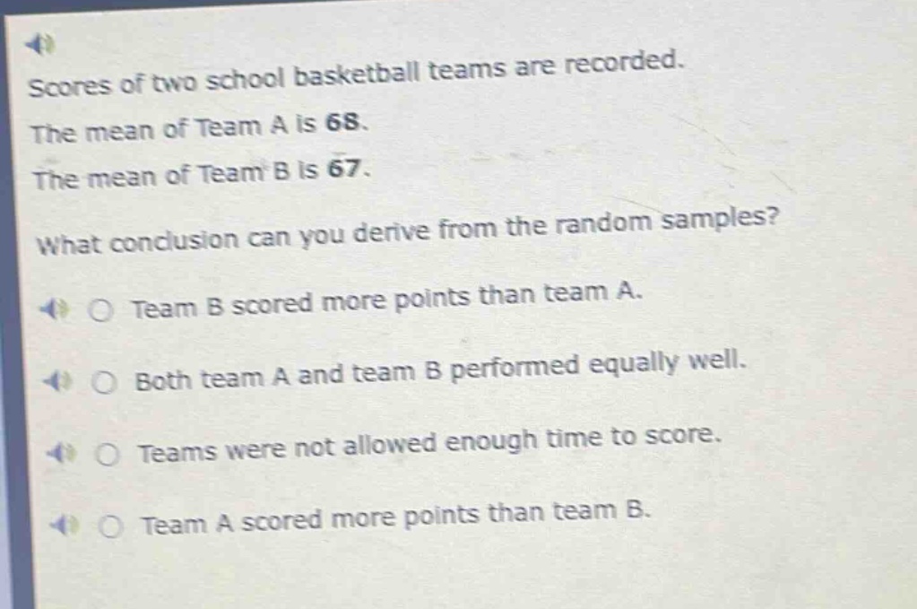 scores of two school basketball teams are recorded. the mean of team a is 68. the mean of team b is 67. what conclusion can you derive from the random samples? team b scored more points than team a. both team a and team b performed equally well. teams were not allowed enough time to score. team a scored more points than team b.